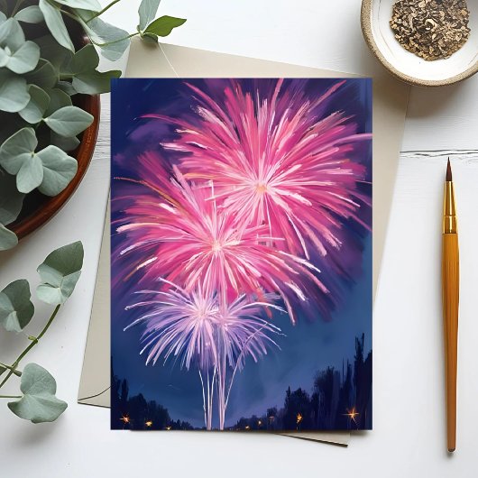 Pink Fireworks | Happy New Year Watercolor Postkarte
