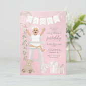 Pink First Birthday Baby Girl Einladung (Stehend Vorderseite)
