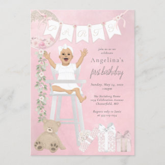 Pink First Birthday Baby Girl Einladung