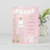 Pink First Birthday Baby Girl Einladung (Stehend Vorderseite)