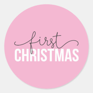 Pink "First Christmas" Modernes Design - Neue Elte Runder Aufkleber