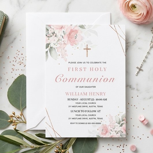 Pink First Holy Communion Invitation  Einladung