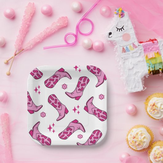 Pink First Rodeo Cowgirl Boot Birthday Pappteller (Party)