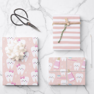 Pink First Tooth Wrapping Paper Set 3 Geschenkpapier Set