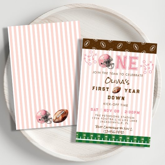 Pink First Year Down Football 1st Birthday Party Einladung