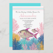 Pink Fish, Aquamarin Coral Ahoy Baby Dusche Einlad (Vorne/Hinten)