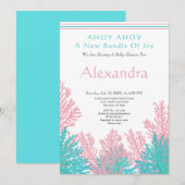 Pink Fish, Aquamarin Coral Ahoy Baby Dusche Einlad (Vorne/Hinten)