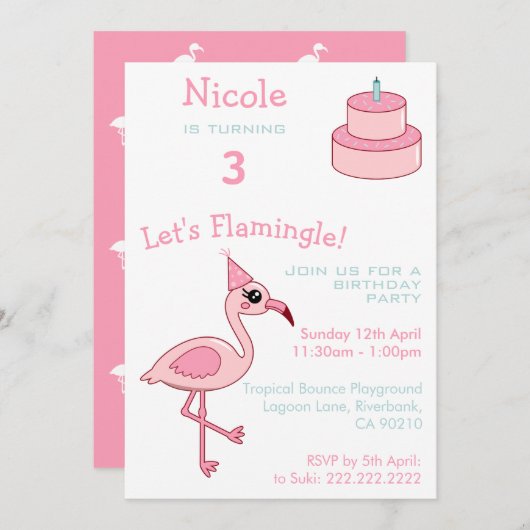 Pink Flamingo 3. Geburtstag Party Einladung (Vorne/Hinten)