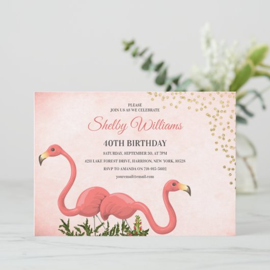 Pink Flamingo 40. Geburtstag Einladung (Stehend Vorderseite)