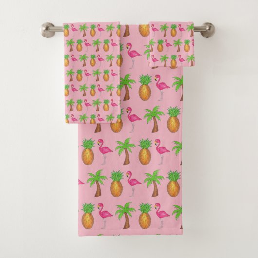 Pink Flamingo Ananas Palm Tree Tropical Island Badhandtuch Set (Insitu)
