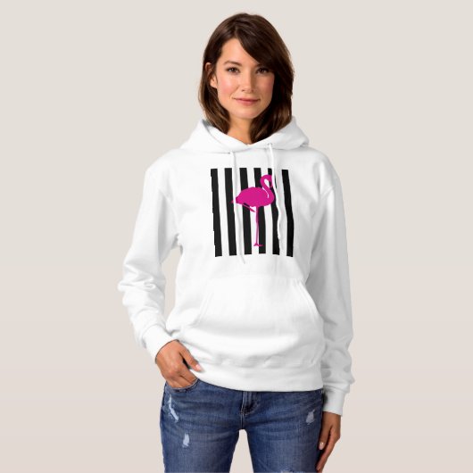 Pink-Flamingo auf Schwarzweiss-Streifen Hoodie (Vorne ganz)
