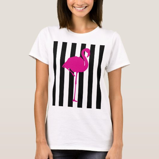 Pink-Flamingo auf Schwarzweiss-Streifen T-Shirt (Vorderseite)
