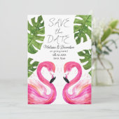 Pink Flamingo Beach Blätter Tropische Hochzeit Einladung (Stehend Vorderseite)