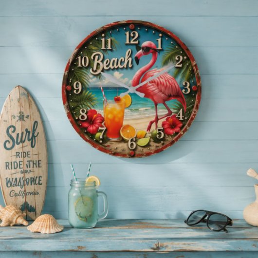 Pink Flamingo Beach Große Wanduhr