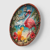 Pink Flamingo Beach Große Wanduhr (Winkel)