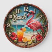 Pink Flamingo Beach Große Wanduhr (Vorderseite)