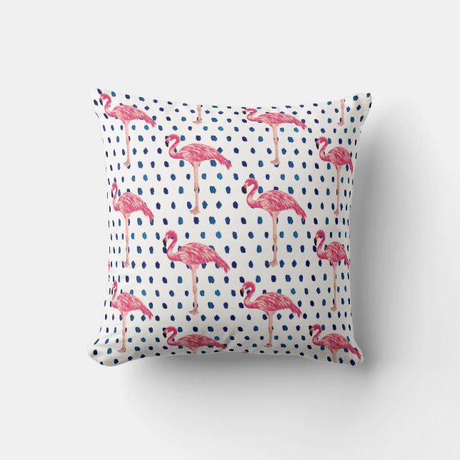 Pink Flamingo Bird Blue Dot Pattern Throw Kissen (Vorderseite)