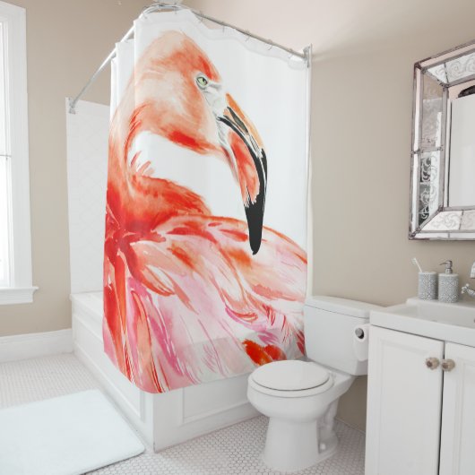 Pink Flamingo bird profile portrait, amazing beaut Duschvorhang (Beispiel)
