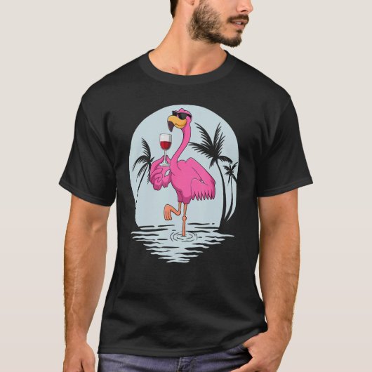Pink Flamingo Bird With Glass Of Wine Summer Vacat T-Shirt (Vorderseite)