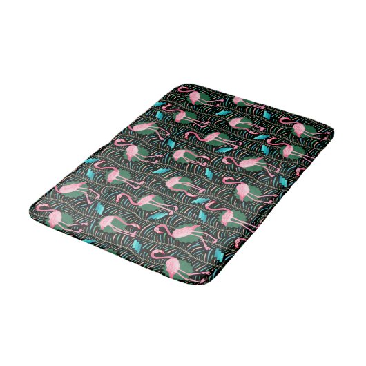 Pink Flamingo Birds 20s Deko Ferns Pattern Black Badematte (Schrägansicht)