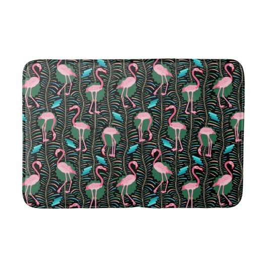 Pink Flamingo Birds 20s Deko Ferns Pattern Black Badematte (Vorderseite)