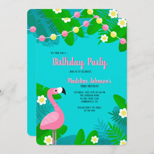Pink Flamingo Birthday Einladung (Vorne/Hinten)