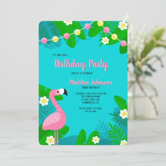 Pink Flamingo Birthday Einladung (Stehend Vorderseite)