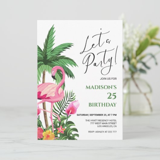 Pink Flamingo Birthday Invitation Einladung (Stehend Vorderseite)