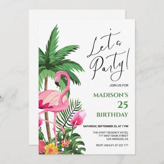 Pink Flamingo Birthday Invitation Einladung (Vorne/Hinten)