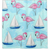 Pink Flamingo Blue Sailboat Preppy Duschvorhang (Vorderseite)