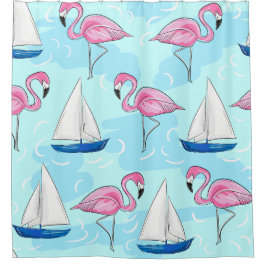 Pink Flamingo Blue Sailboat Preppy Duschvorhang