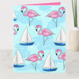 Pink Flamingo Blue Sailboat Preppy Karte