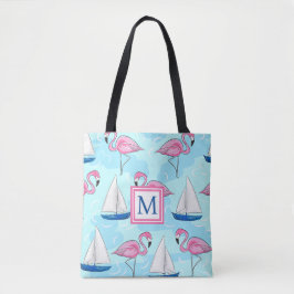 Pink Flamingo Blue Sailboat Preppy Monogram Tasche