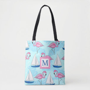 Pink Flamingo Blue Sailboat Preppy Monogram Tasche