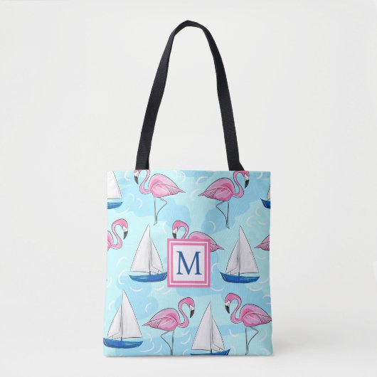 Pink Flamingo Blue Sailboat Preppy Monogram Tasche (Vorderseite)