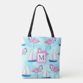 Pink Flamingo Blue Sailboat Preppy Monogram Tasche (Rückseite)