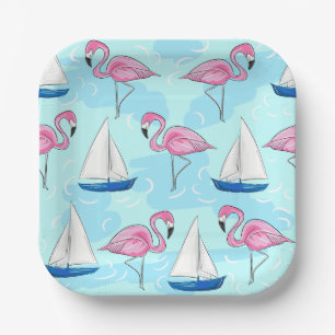 Pink Flamingo Blue Sailboat Preppy Pappteller