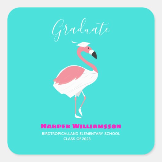 Pink Flamingo Bright Blue Abschluss Quadratischer Aufkleber (Vorderseite)
