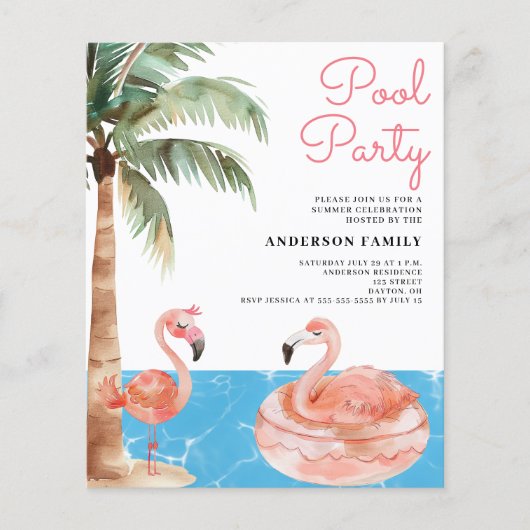 Pink Flamingo Budget Pool Party Einladung Flyer (Vorne)