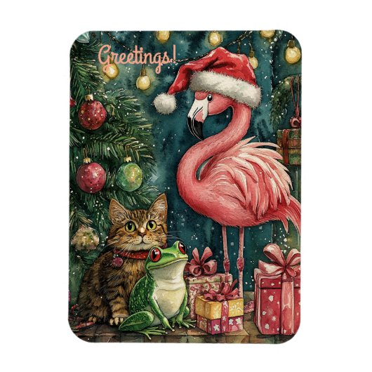 Pink Flamingo Cat & Frosch Tropische Weihnachten Magnet (Vertikal)