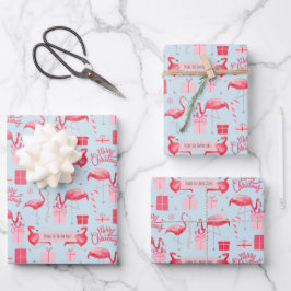 Pink Flamingo Christmas Retro Pastel Blue Geschenkpapier Set
