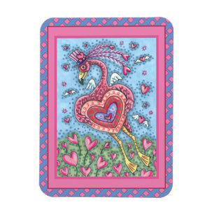 PINK FLAMINGO CUPID AND FLYING HEARTS VALENTINE MAGNET