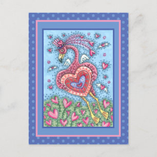 PINK FLAMINGO CUPID AND FLYY HEARTS VALENTINE FEIERTAGSPOSTKARTE