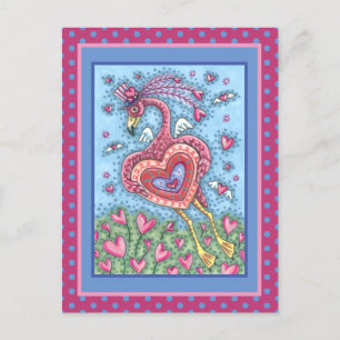 PINK FLAMINGO CUPID AND FLYYY HEARTS VALENTINE FEIERTAGSPOSTKARTE