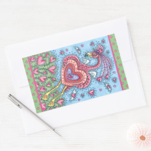 PINK FLAMINGO CUPID AND FLYYY HEARTS VALENTINE RECHTECKIGER AUFKLEBER