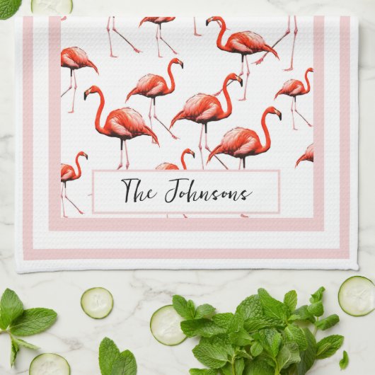 Pink Flamingo Design Custom Family Name Summer Geschirrtuch (Gefaltet)