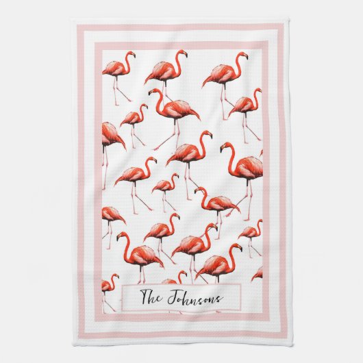 Pink Flamingo Design Custom Family Name Summer Geschirrtuch (Vertikal)