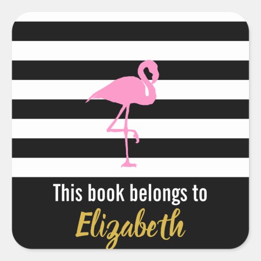 Pink Flamingo, dieses Buch gehört Quadratischer Aufkleber (Vorderseite)