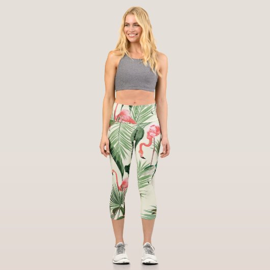 Pink Flamingo Exotic Blume Muster Capri Leggings (Vorderseite)