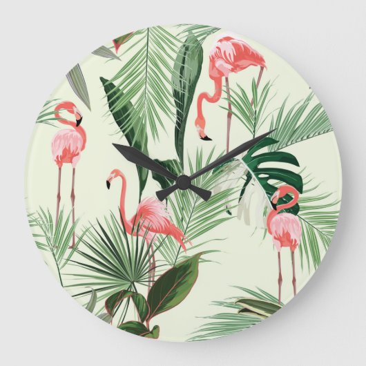 Pink Flamingo Exotic Blume Muster Große Wanduhr (Vorderseite)